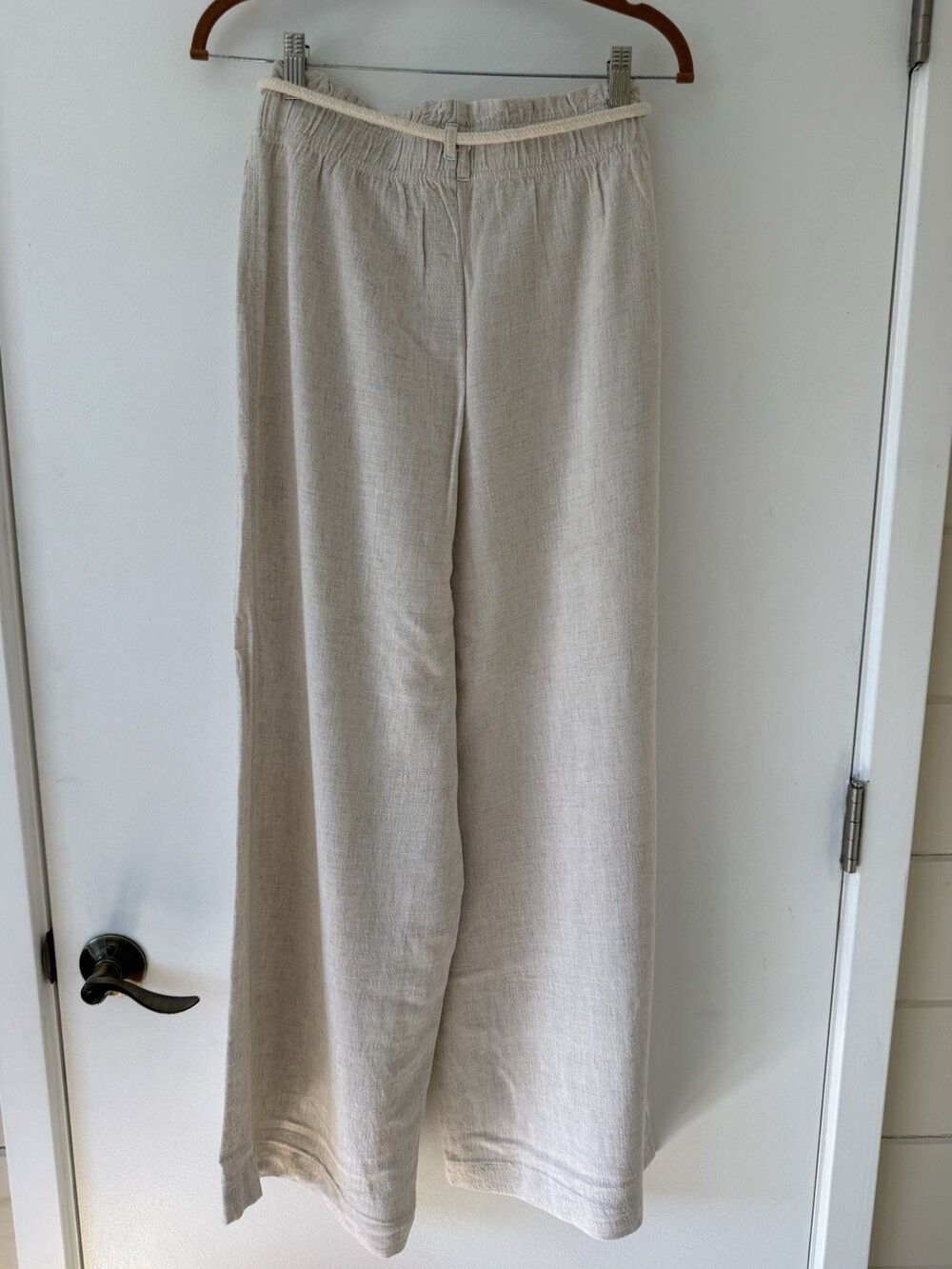 Linen Pants Rope Belt Tassel Wide Leg Beige Natural Coastal Cottage Beach Small - Picture 4 of 9